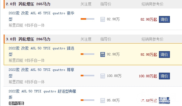 奧迪A8L2022款最新款價格 奧迪A8L2022款售價82.98萬